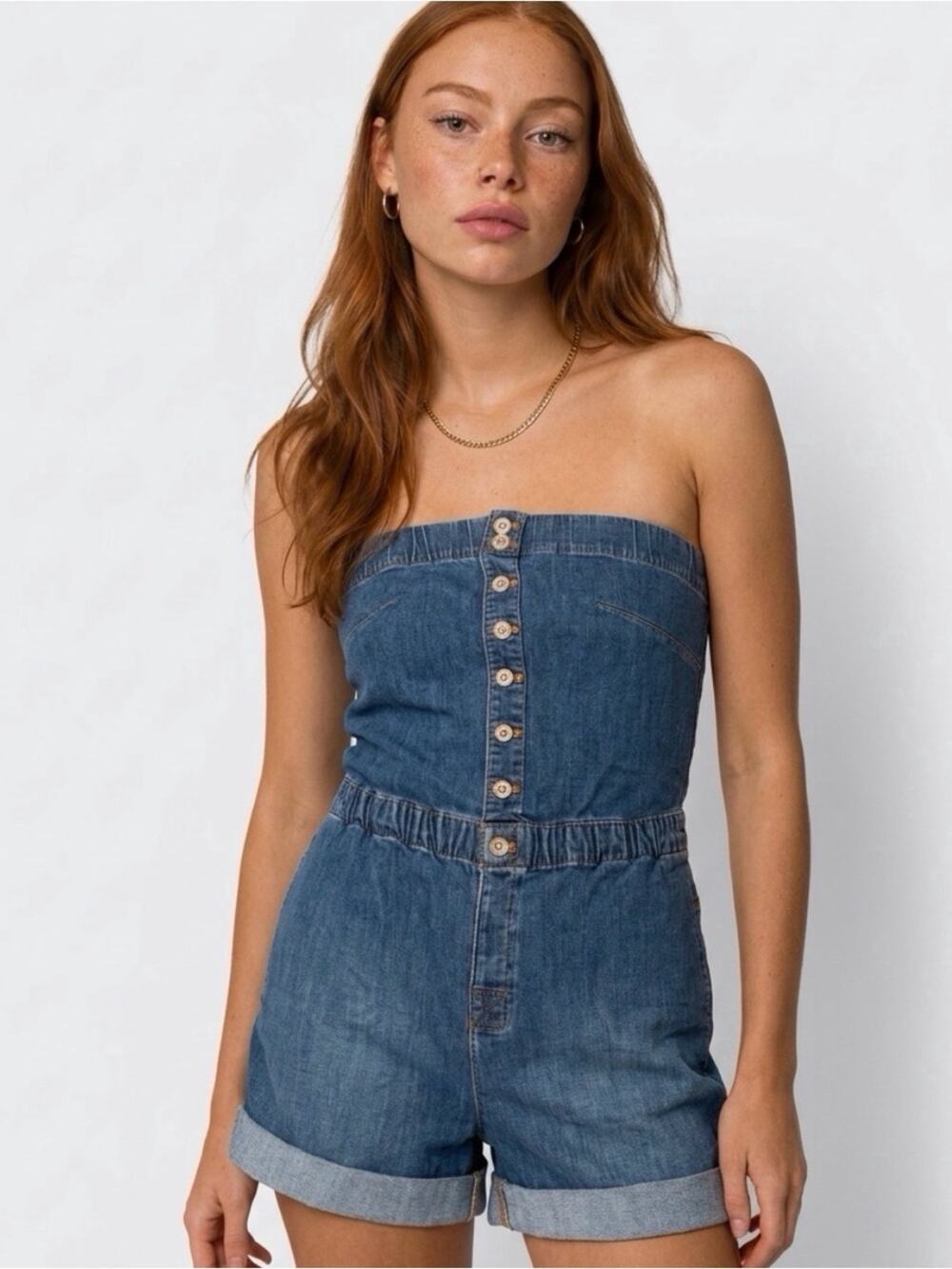 Pilcro Strapless Denim RomperButton Front Cuffed Shorts Blue Size Large NWT